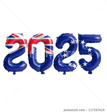 3D illustration of new year 2025 balloons on Cook Islands flag color, isolated on transparent background 117387029