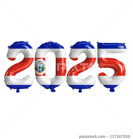 3D illustration of new year 2025 balloons on Costa Rica flag color, isolated on transparent background 117387030