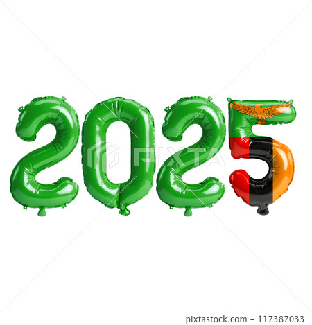 3D illustration of new year 2025 balloons on Zambia flag color, isolated on transparent background 117387033