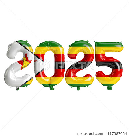 3D illustration of new year 2025 balloons on Zimbabwe flag color, isolated on transparent background 117387034