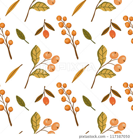 seamless pattern with branches with orange berries and leaves. vector autumn illustrations for the harvest festival for posters, banners, cards. Isolated hand drawn clipart. 117387050