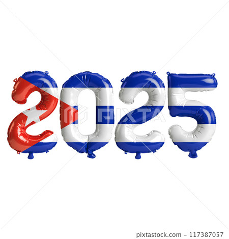 3D illustration of new year 2025 balloons on Cuba flag color, isolated on transparent background 117387057