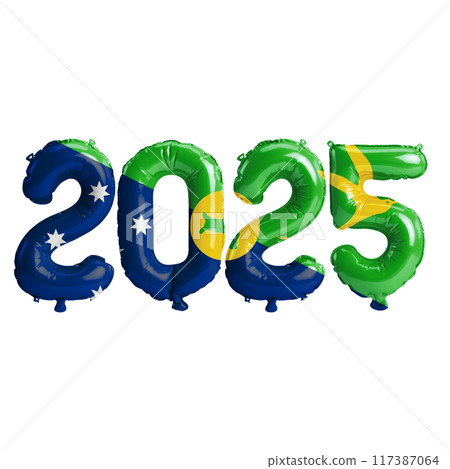 3D illustration of new year 2025 balloons on Christmas Island flag color, isolated on transparent background 117387064