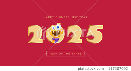Happy Chinese New Year 2025 illustration vector design with cute and elegant golden snake. Cartoon snake with scarf symbol of 2025 lunar year. Happy Chinese New Year 2025 illustration vector design with cute and elegant golden snake. Cartoon snake with scarf symbol of 2025 lunar year. 117387092