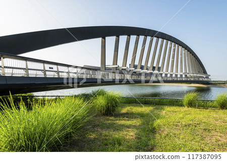 Building view of the Jhihmei Bridge at the Southern Branch of the National Palace Museum in Chiayi, Taiwan.  Building view of the Jhihmei Bridge at the Southern Branch of the National Palace Museum in Chiayi, Taiwan.  117387095