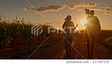 A couple of farmers walk side by side along a dirt road at sunset, with cornfields on one side, bathed in the warm golden light. A couple of farmers walk side by side along a dirt road at sunset, with cornfields on one side, bathed in the warm golden light. 117387115