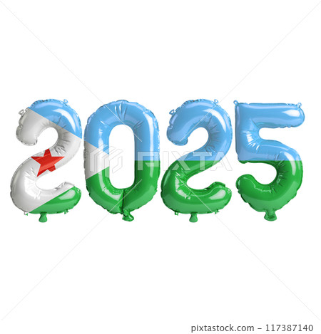 3D illustration of new year 2025 balloons on Djibouti flag color, isolated on transparent background 3D illustration of new year 2025 balloons on Djibouti flag color, isolated on transparent background 117387140