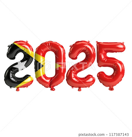 3D illustration of new year 2025 balloons on East Timor flag color, isolated on transparent background 117387143