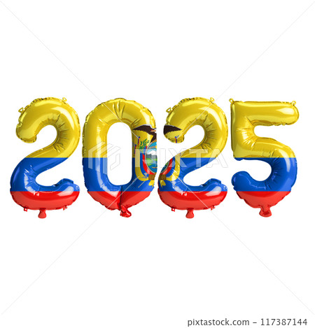 3D illustration of new year 2025 balloons on Ecuador flag color, isolated on transparent background 117387144