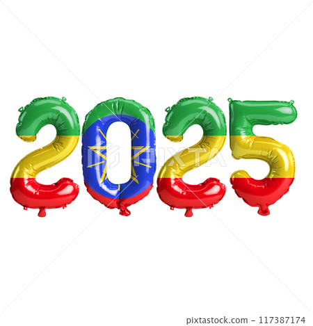 3D illustration of new year 2025 balloons on Ethiopia flag color, isolated on transparent background 117387174