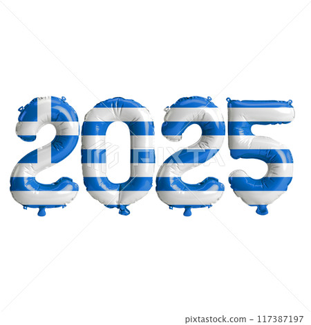 3D illustration of new year 2025 balloons on Greece flag color, isolated on transparent background 117387197