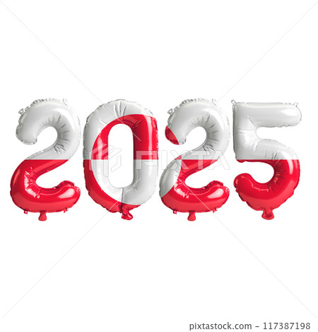 3D illustration of new year 2025 balloons on Greenland flag color, isolated on transparent background 117387198
