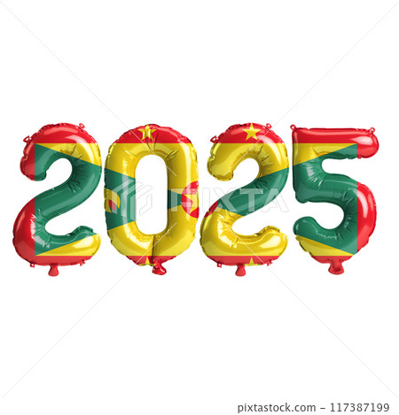 3D illustration of new year 2025 balloons on Grenada flag color, isolated on transparent background 117387199