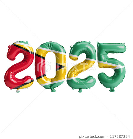 3D illustration of new year 2025 balloons on Guyana flag color, isolated on transparent background 117387234