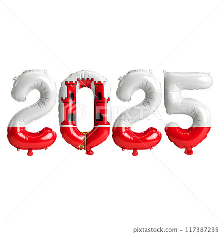 3D illustration of new year 2025 balloons on Gibraltar flag color, isolated on transparent background 117387235