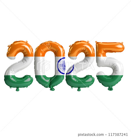 3D illustration of new year 2025 balloons on India flag color, isolated on transparent background 3D illustration of new year 2025 balloons on India flag color, isolated on transparent background 117387241