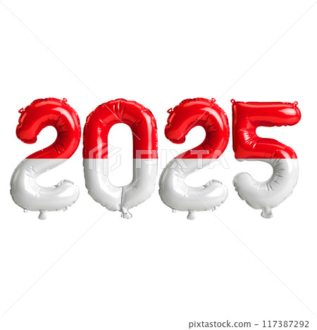 3D illustration of new year 2025 balloons on Indonesia flag color, isolated on transparent background 117387292