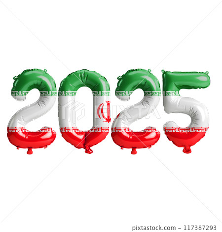 3D illustration of new year 2025 balloons on Iran flag color, isolated on transparent background 117387293