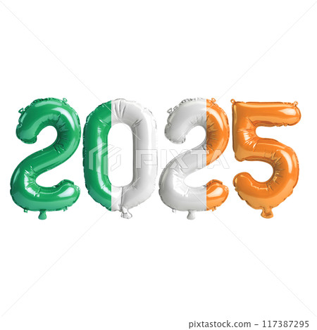 3D illustration of new year 2025 balloons on Ireland flag color, isolated on transparent background 3D illustration of new year 2025 balloons on Ireland flag color, isolated on transparent background 117387295