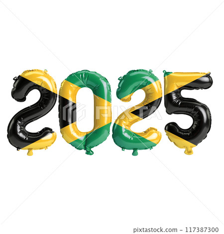 3D illustration of new year 2025 balloons on Jamaica flag color, isolated on transparent background 3D illustration of new year 2025 balloons on Jamaica flag color, isolated on transparent background 117387300