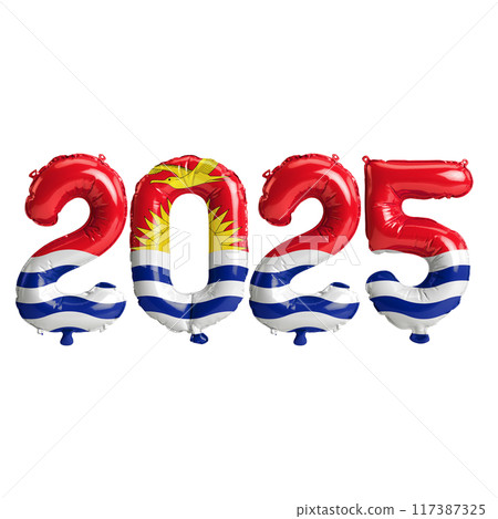 3D illustration of new year 2025 balloons on Kiribati flag color, isolated on transparent background 117387325