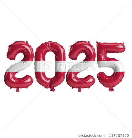 3D illustration of new year 2025 balloons on Latvia flag color, isolated on transparent background 3D illustration of new year 2025 balloons on Latvia flag color, isolated on transparent background 117387330