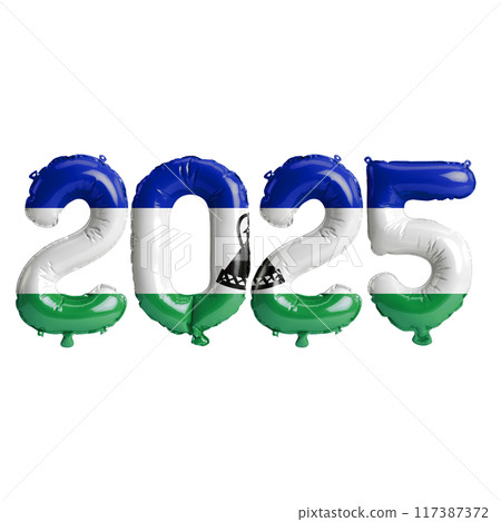 3D illustration of new year 2025 balloons on Lesotho flag color, isolated on transparent background 117387372