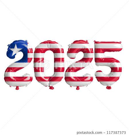 3D illustration of new year 2025 balloons on Liberia flag color, isolated on transparent background 117387373