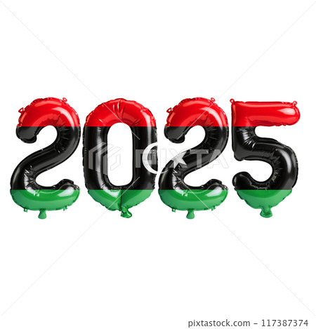 3D illustration of new year 2025 balloons on Libya flag color, isolated on transparent background 117387374