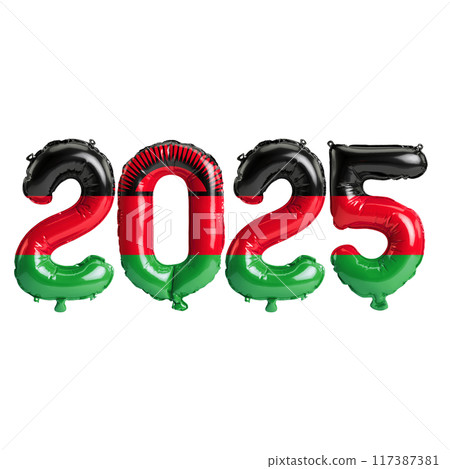 3D illustration of new year 2025 balloons on Malawi flag color, isolated on transparent background 117387381