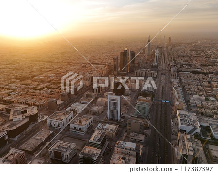 Drone shot flying. Saudi Arabia. Riyadh. Sunrise. 117387397