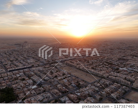 Drone shot flying. Saudi Arabia. Riyadh. Sunrise. Drone shot flying. Saudi Arabia. Riyadh. Sunrise. 117387403