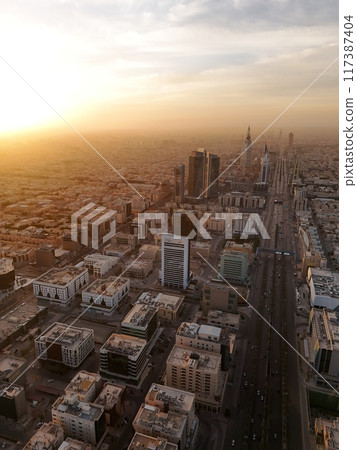 Drone shot flying. Saudi Arabia. Riyadh. Sunrise. Drone shot flying. Saudi Arabia. Riyadh. Sunrise. 117387404