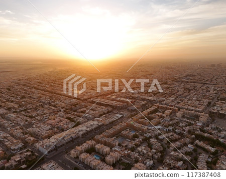 Drone shot flying. Saudi Arabia. Riyadh. Sunrise. Drone shot flying. Saudi Arabia. Riyadh. Sunrise. 117387408