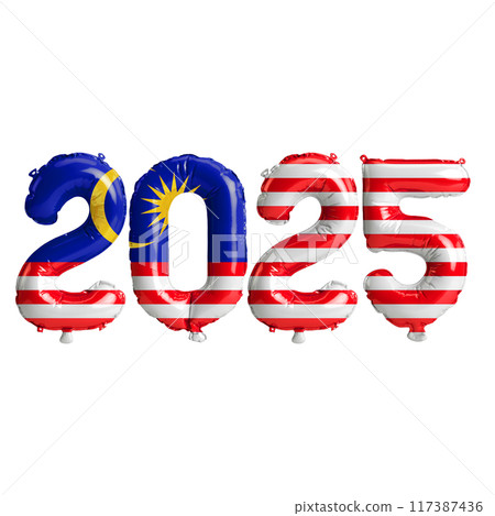 3D illustration of new year 2025 balloons on Malaysia flag color, isolated on transparent background 117387436