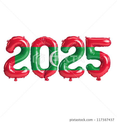 3D illustration of new year 2025 balloons on Maldives flag color, isolated on transparent background 3D illustration of new year 2025 balloons on Maldives flag color, isolated on transparent background 117387437