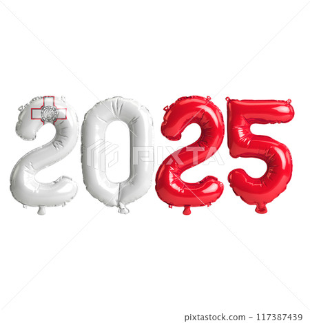 3D illustration of new year 2025 balloons on Malta flag color, isolated on transparent background 117387439