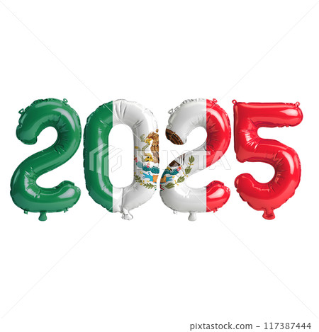 3D illustration of new year 2025 balloons on Mexico flag color, isolated on transparent background 3D illustration of new year 2025 balloons on Mexico flag color, isolated on transparent background 117387444