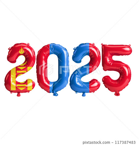3D illustration of new year 2025 balloons on Mongolia flag color, isolated on transparent background 117387483