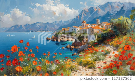 Mediterranean landscape with a small town, sea, flowers, oil painting style 117387562