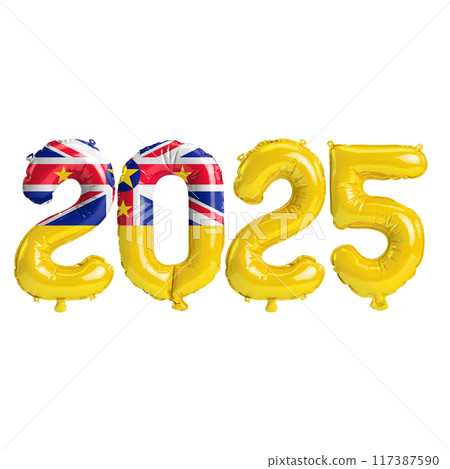 3D illustration of new year 2025 balloons on Niue flag color, isolated on transparent background 117387590