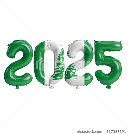 3D illustration of new year 2025 balloons on Norfolk Island flag color, isolated on transparent background 117387591