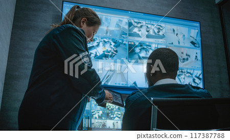 Female worker shows surveillance footage to African American security officer using tablet 117387788