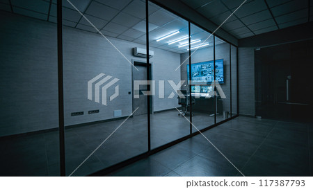 View on the workplace for security worker or operator in monitoring room 117387793
