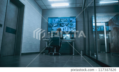 Female CCTV operator watches security cameras on multiple monitors and digital screen 117387826