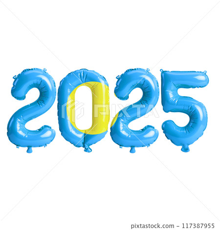 3D illustration of new year 2025 balloons on Palau flag color, isolated on transparent background 3D illustration of new year 2025 balloons on Palau flag color, isolated on transparent background 117387955