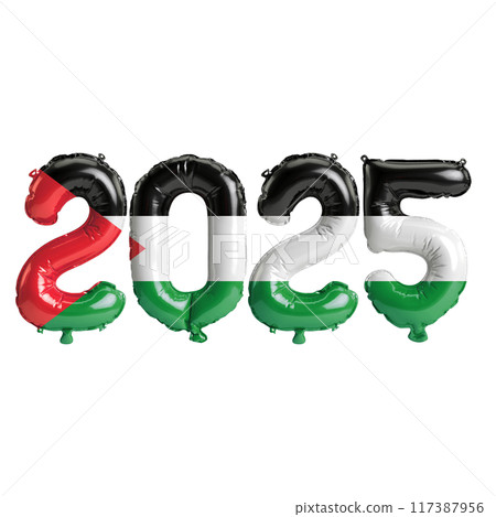 3D illustration of new year 2025 balloons on Palestine flag color, isolated on transparent background 117387956