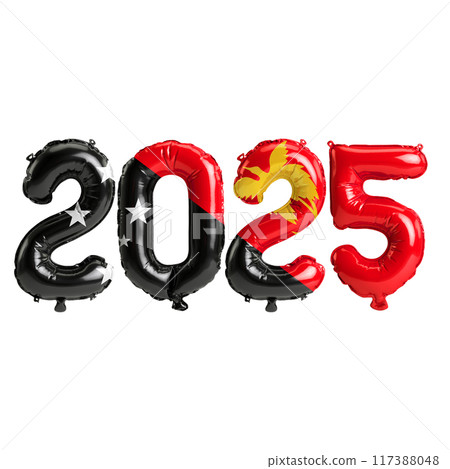 3D illustration of new year 2025 balloons on Papua New Guinea flag color, isolated on transparent background 117388048