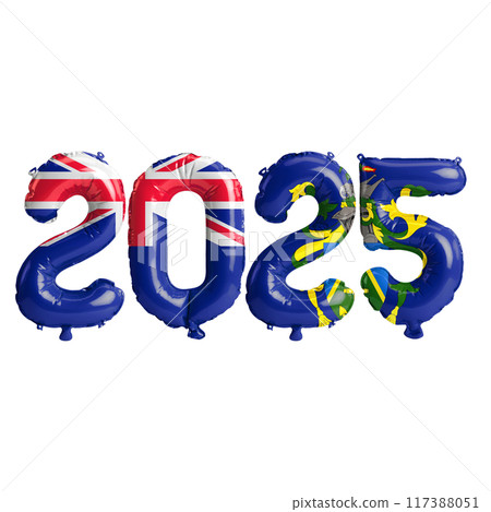 3D illustration of new year 2025 balloons on Pitcairn Islands flag color, isolated on transparent background 117388051