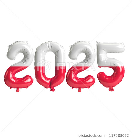 3D illustration of new year 2025 balloons on Poland flag color, isolated on transparent background 117388052